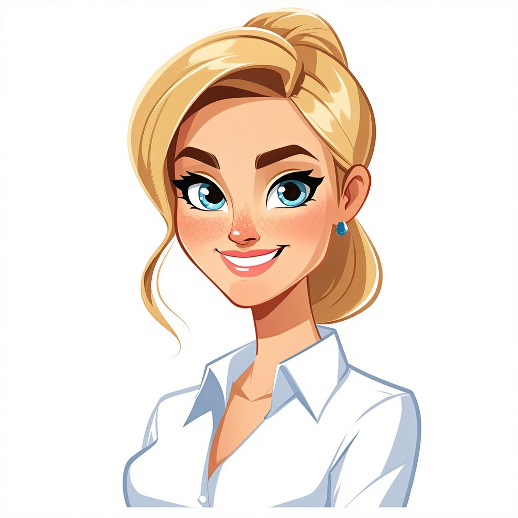 Can you create a semirealistic cartoon avatar of a fashionable but conservatively dressed woman with honey blond hair pulled back in a french twist blue eyes and with both her face and body angled straight forward like for a professional headshot I w