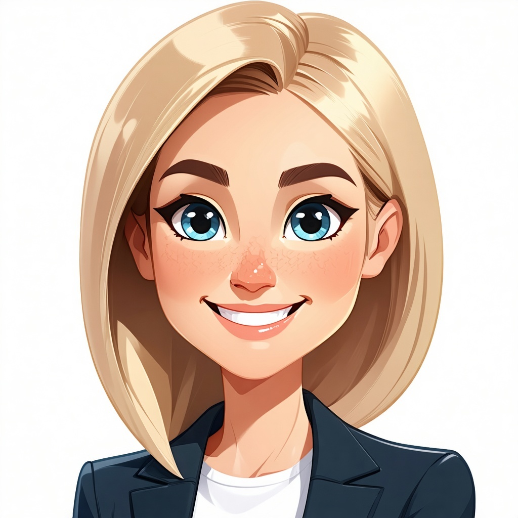 Can you create a semirealistic cartoon avatar of a professional woman with blond straight hair that is sort of short slightly longer than a bob blue eyes and a big smile on her face I dont want her to be wearing a blazer but to still look dressed pro